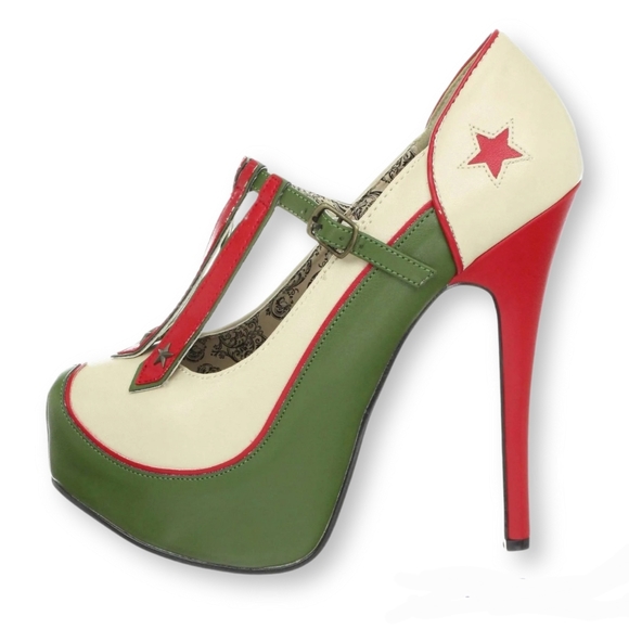 Pleaser Bordello TEEZE-43, cream, red, green, concealed platform, military theme - Picture 2 of 10